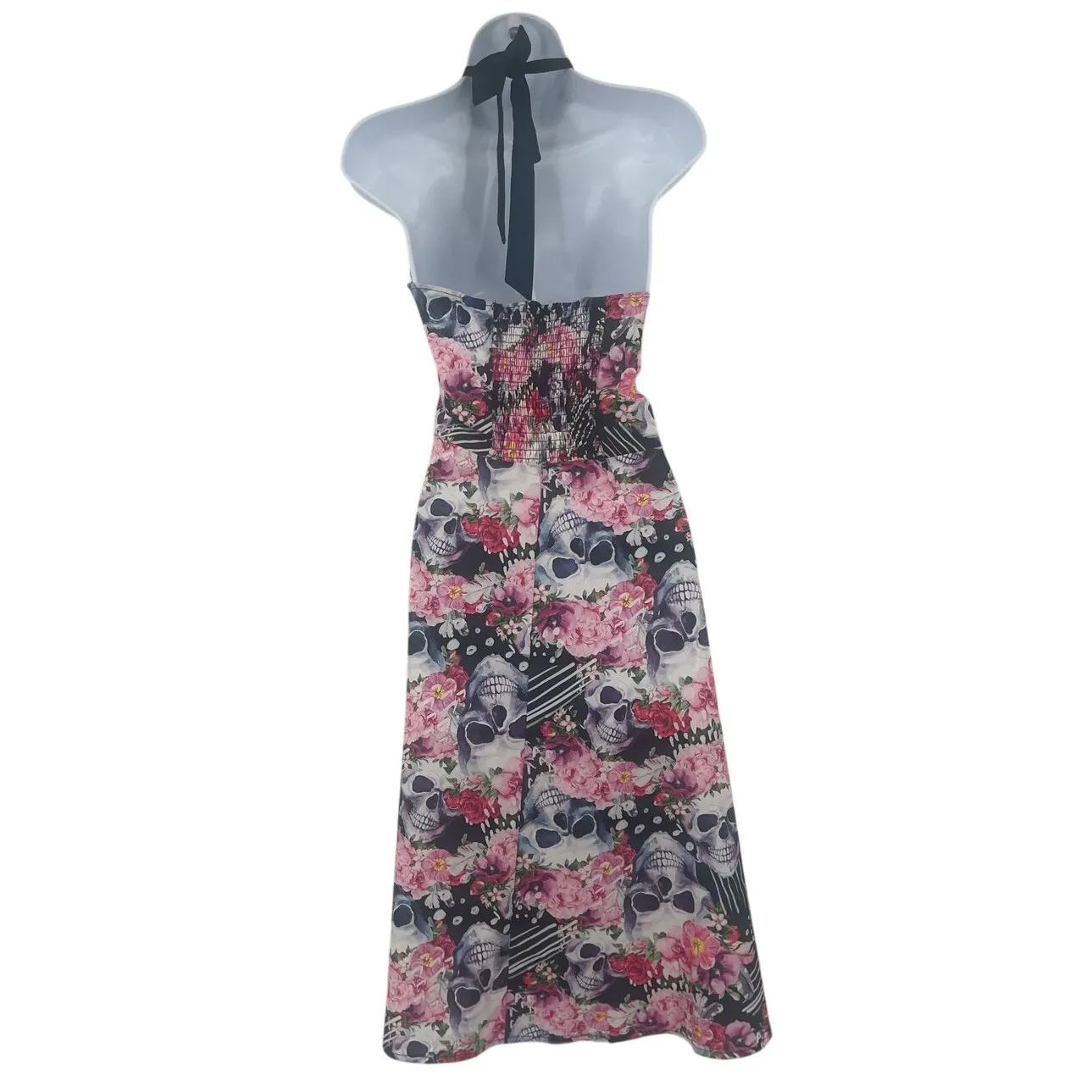 Floral Skull Halter Dress Sz XL Rockabilly Pinup Gothic Vintage Tattoo Halloween Black - Image 5