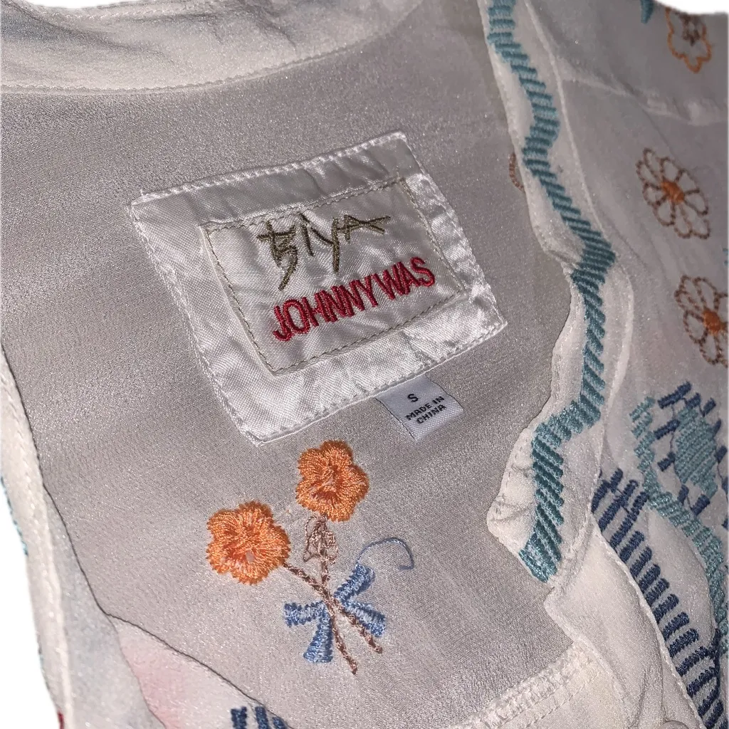 Biya Johnny Was Silk White Colorful Embroidered Henley Button Tunic Blouse S - Image 13
