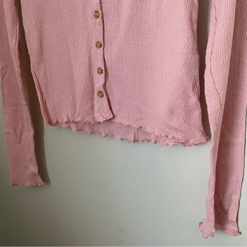 Poof Top Long Sleeve Pink Ribbed Button Front Casual Comfy - Image 5