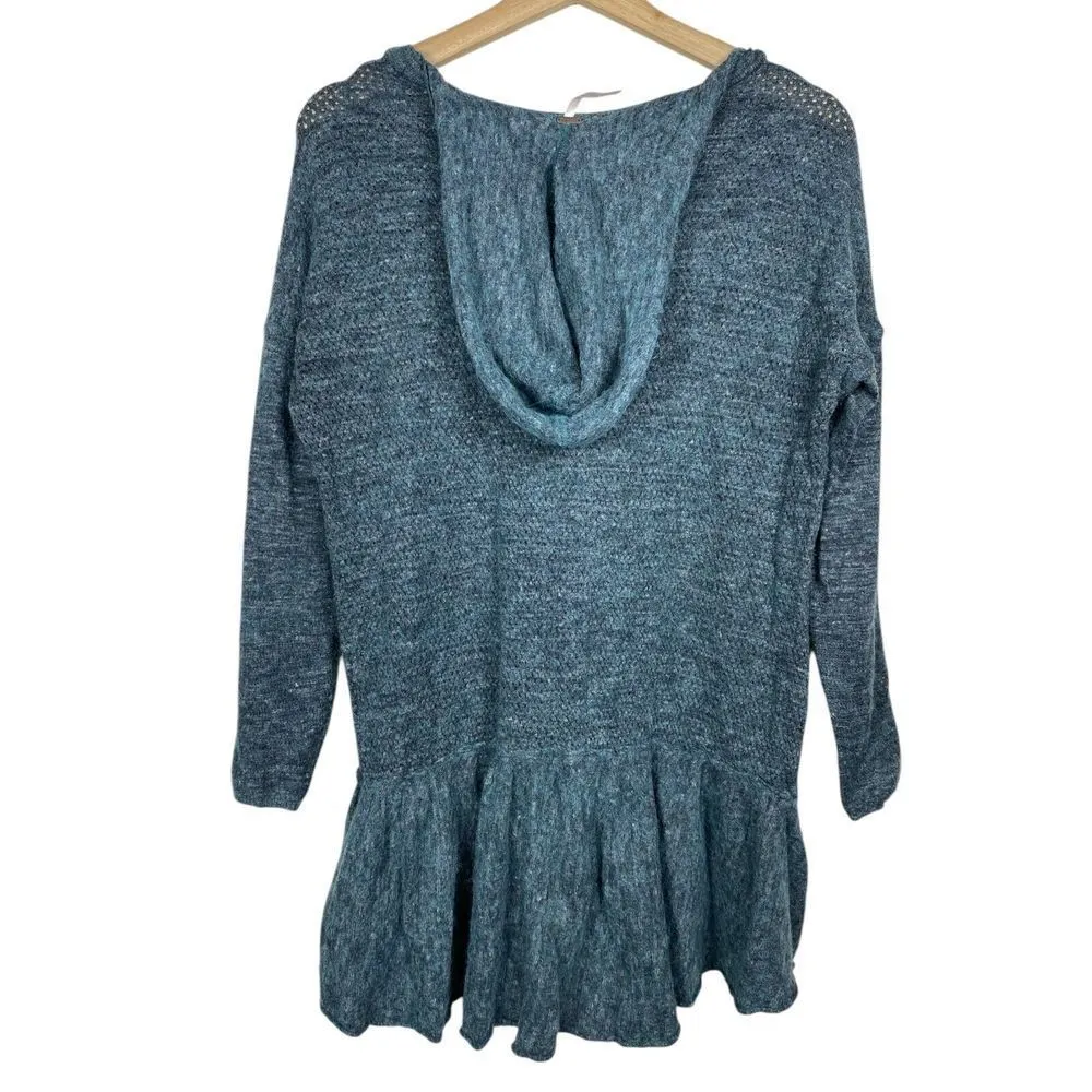 Free People Women Sweater S Alpaca Wool Linen Blue‎ Gray Ruffle Hem Hooded Boho - Image 2