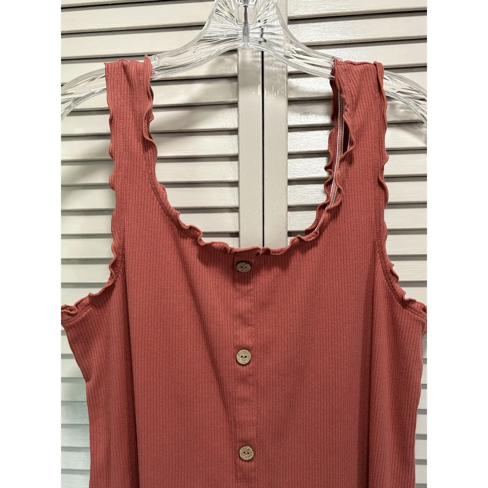 No Boundaries Terracotta Color Tank Dress Ruffle Faux Buttons Size XL Ribbed‎ - Image 2