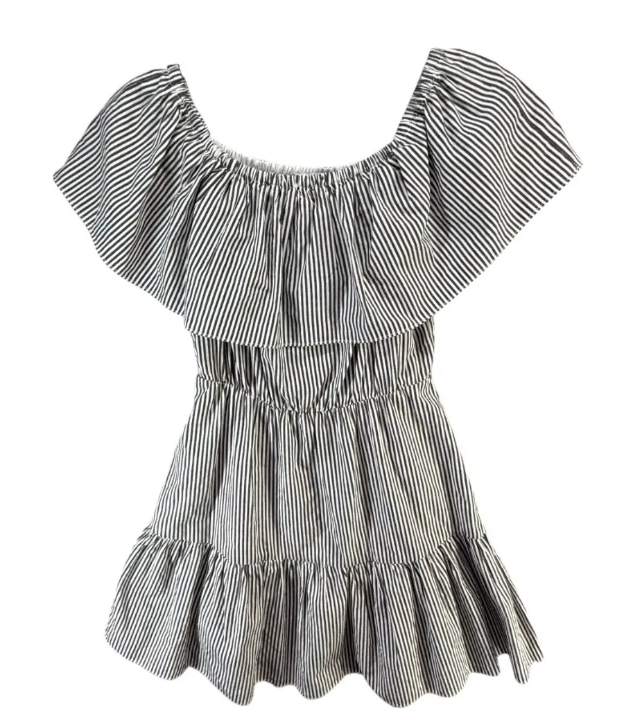 Buddy Basics Off Shoulder Dress Small Black White Stripe Ruffle Boho Boutique - Image 1