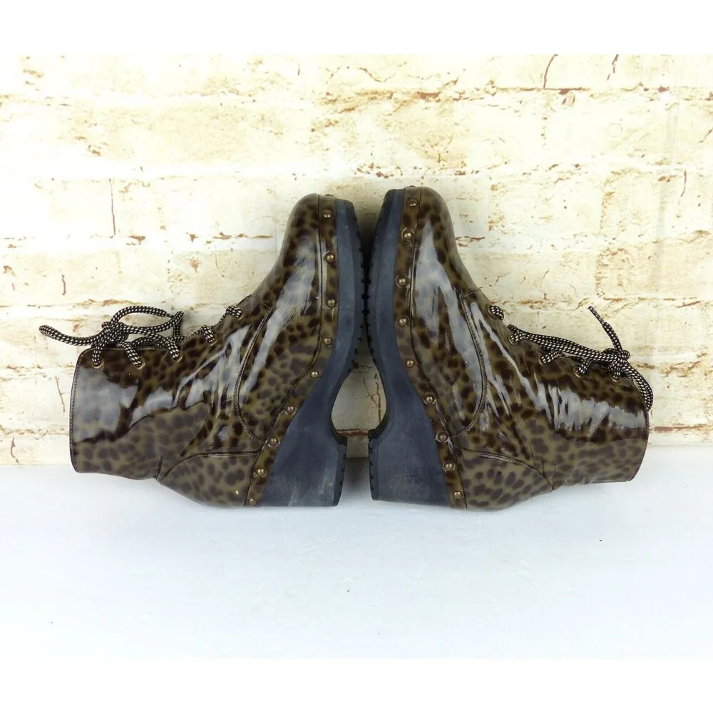 Opening Ceremony Joelle Patent Leather Boots 37 6 US Cheetah Wood Clog Lace Up - Image 12