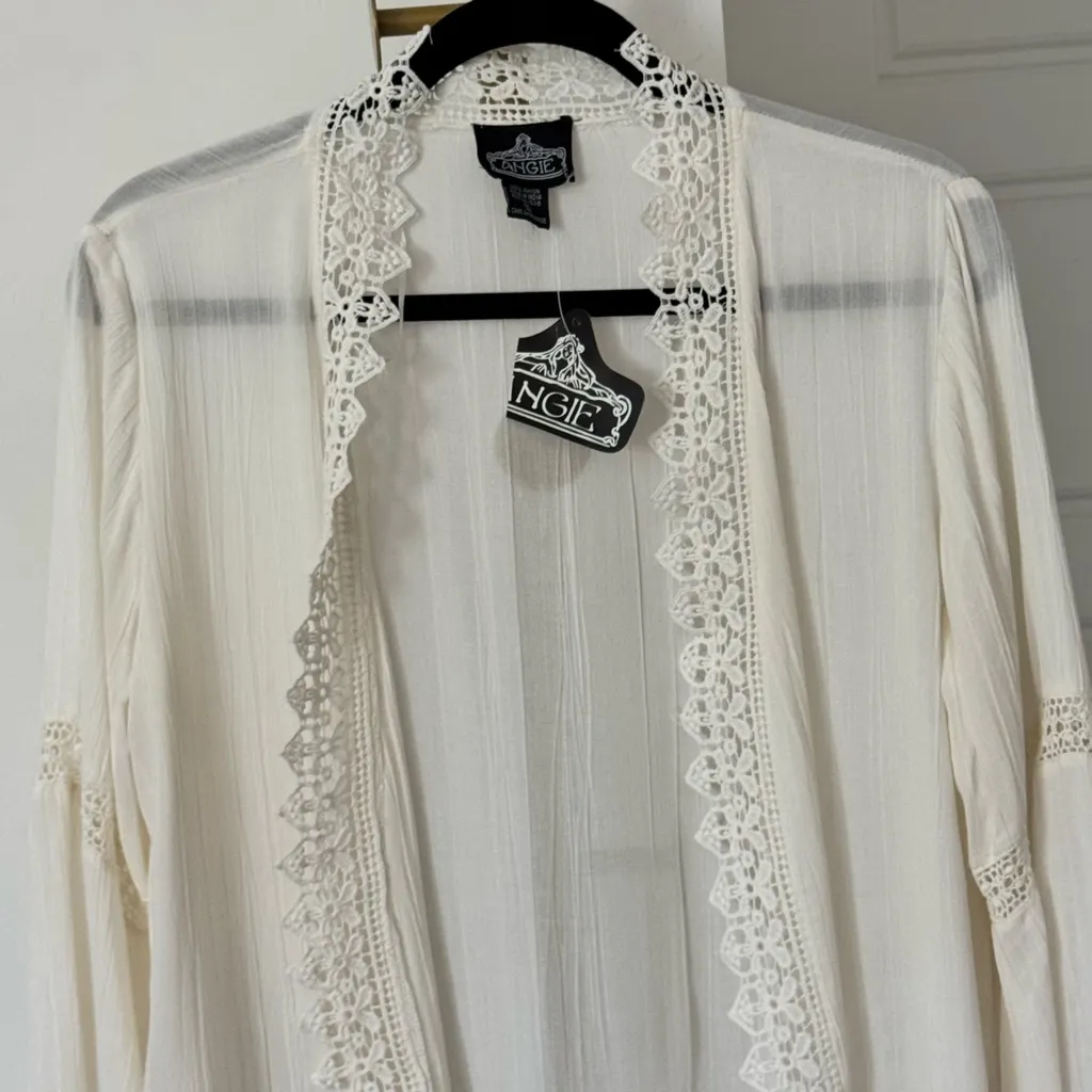 Women's‎ Boho Flowy Cream Crochet Lace Trim Bell Sleeve Kimono Duster Size Small - Image 2
