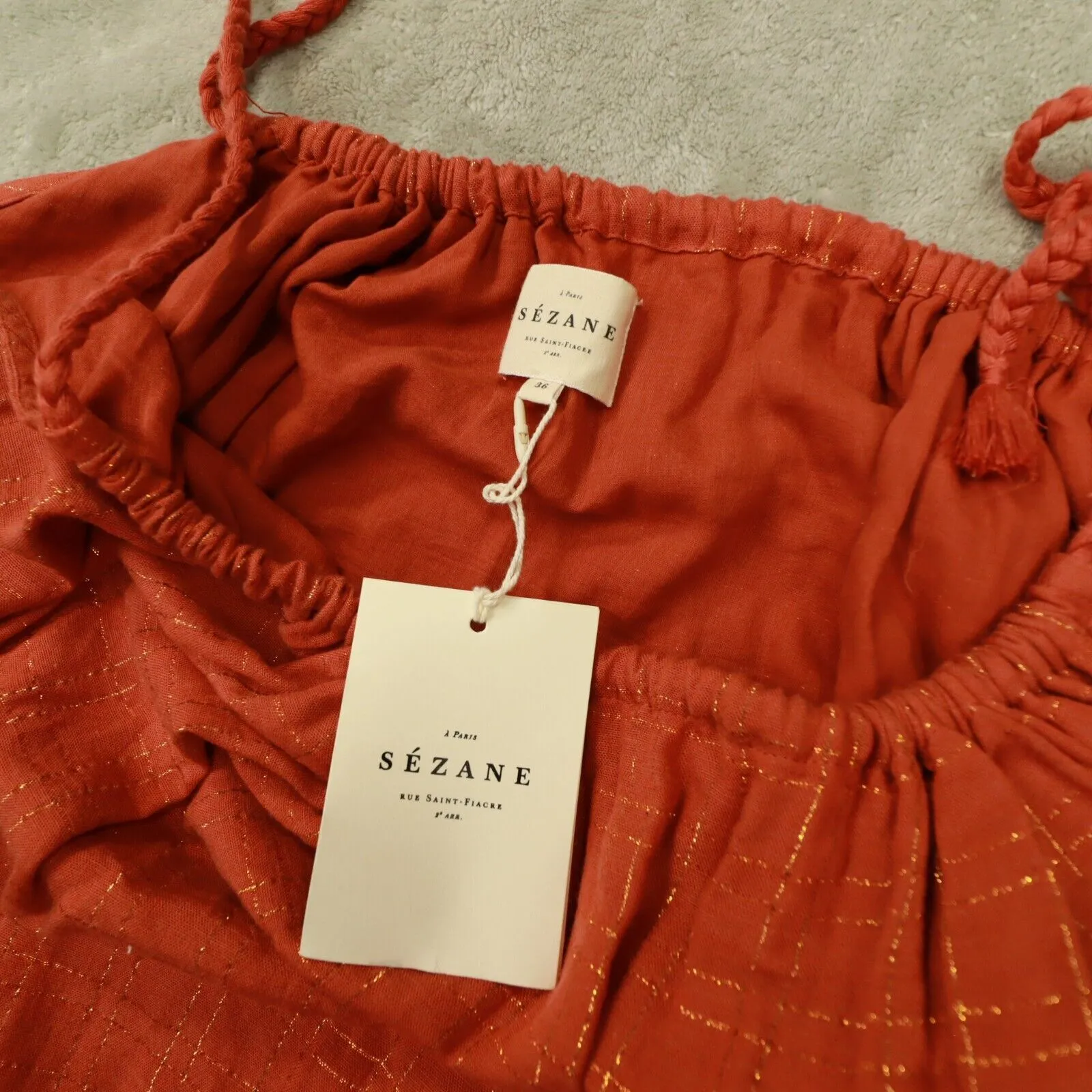 SEZANE Robe‎ Artemia Orange Gold Pin Stripe Tie Shoulder Maxi Dress size 36 US S - Image 6