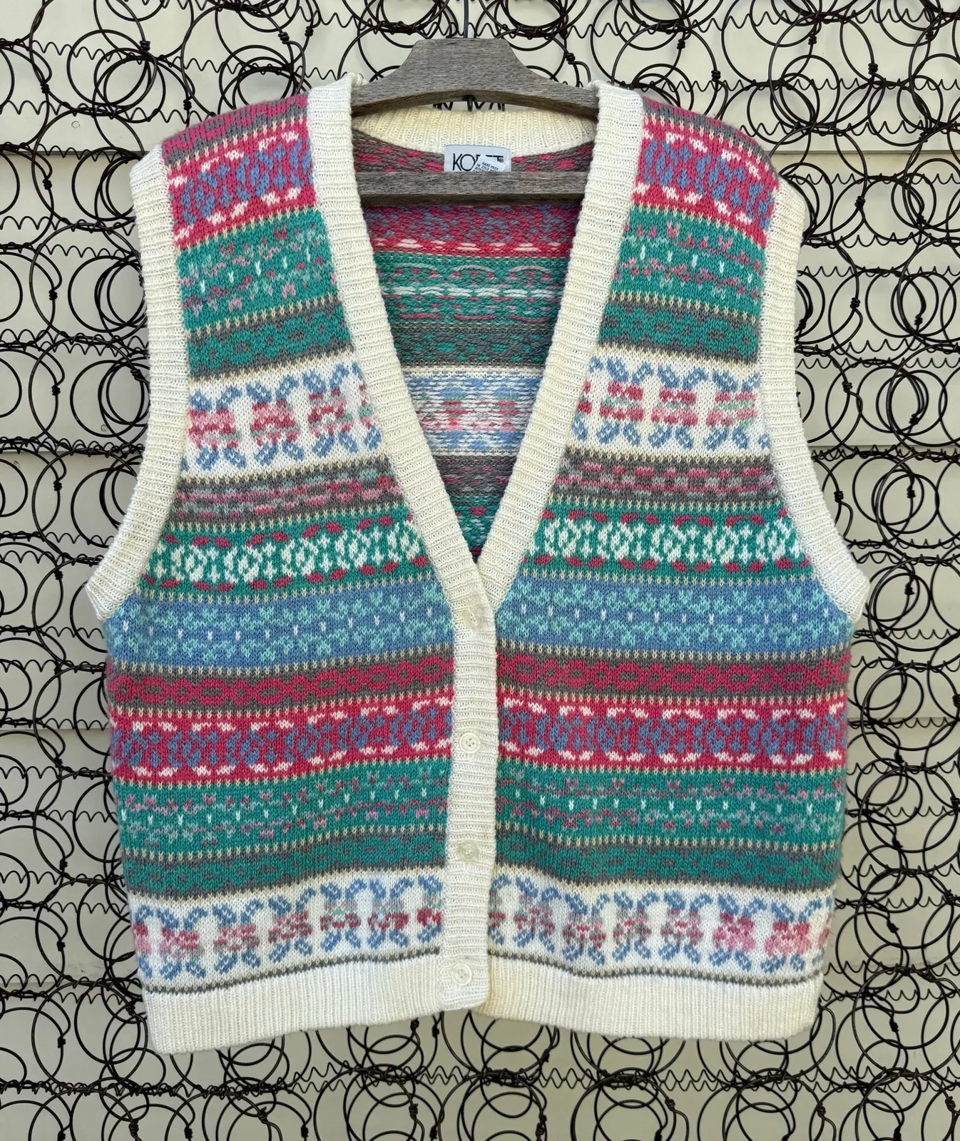 Vintage 90s Koret Grannycore Lagenlook Fair Isle Knit Sweater Vest Pink Blue XL - Image 1