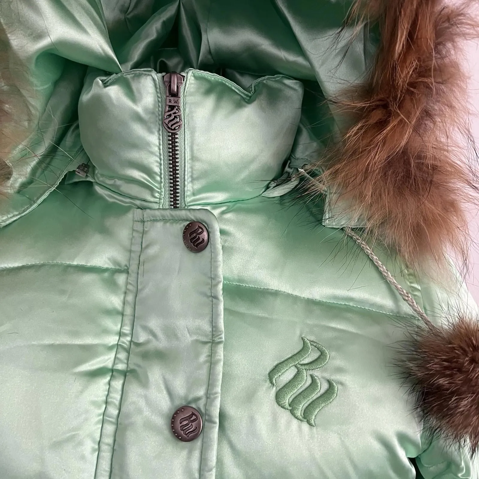 NWT Vintage ROCAWEAR Puffer Jacket Womens XS Y2K Mint Green Fur Hood Pom Pom New - Image 2