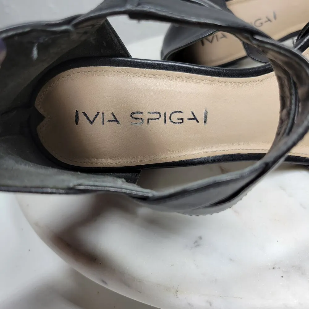 VTG Via Spiga Janel Heels Womens 7 Black Leather Chunky Twisted Strap Block Heel - Image 3