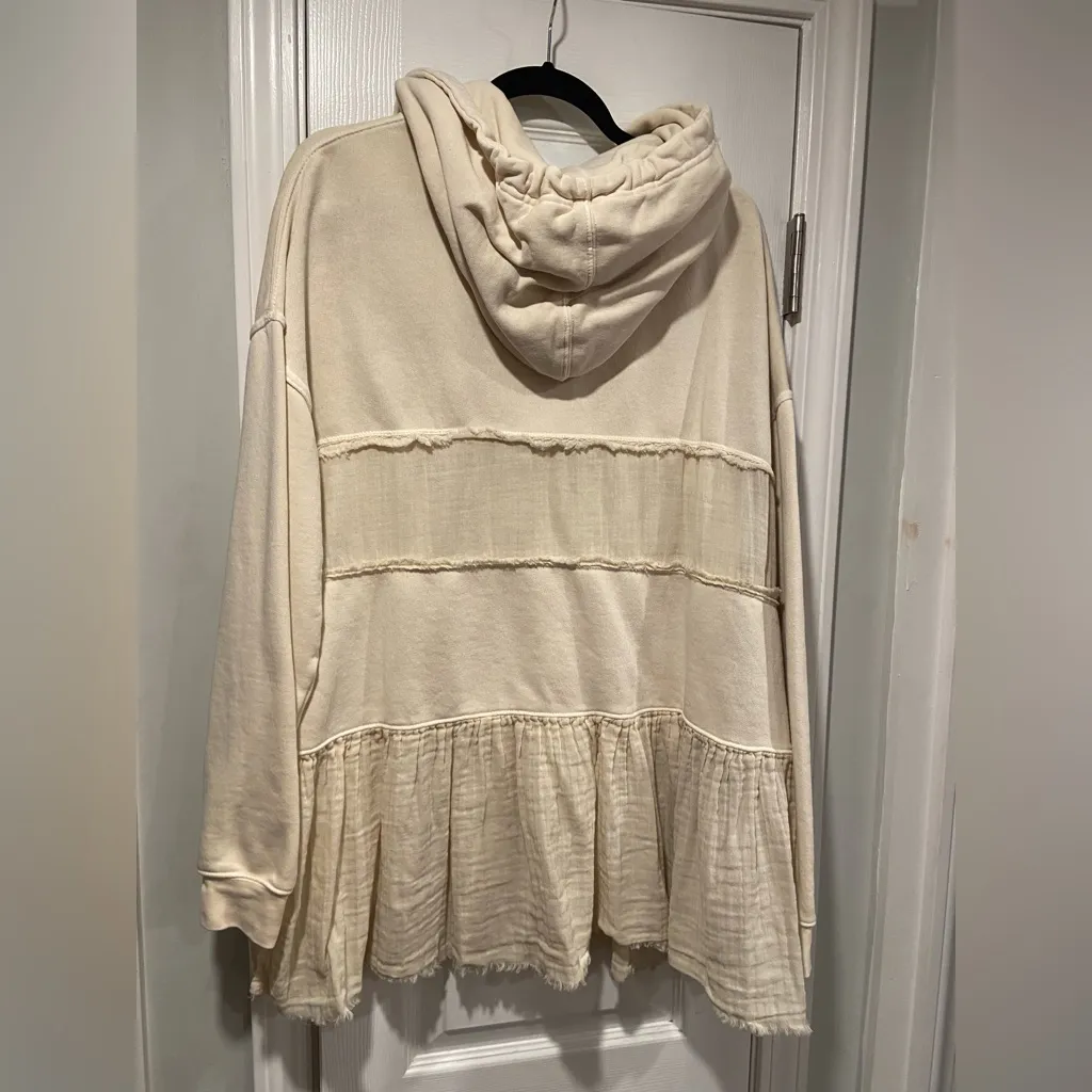 Free People  Size L Cream Oversized Hoodie Boho Mixed Fabric Raw Hem Pullover - Image 7