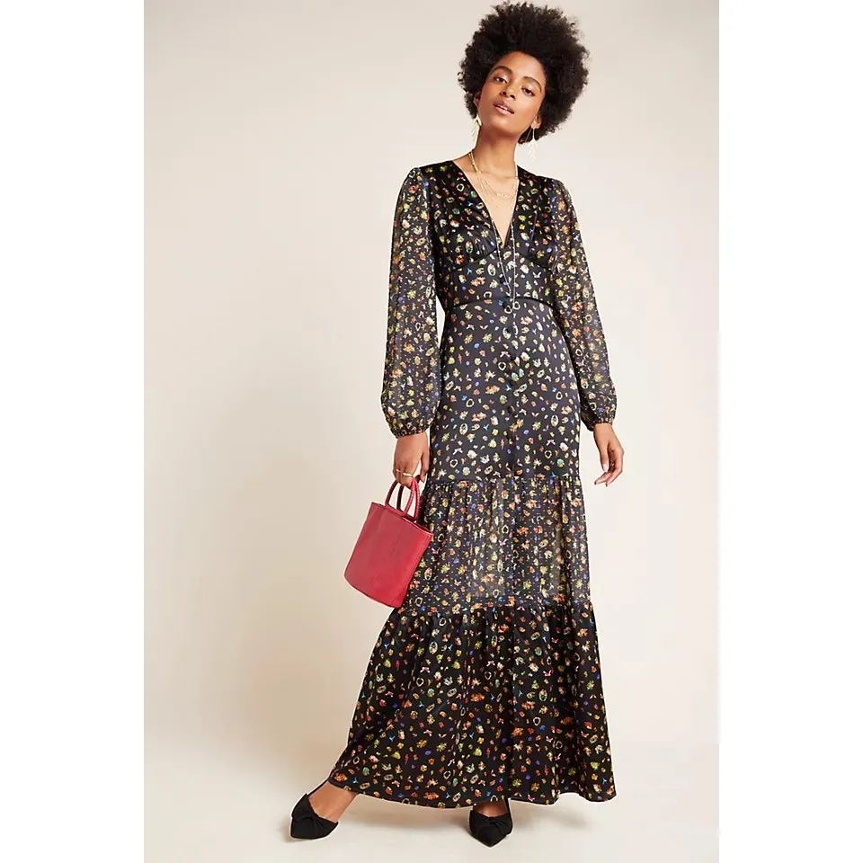 Cynthia Rowley Caroline Tiered Maxi Dress ditsy floral silk black size 8 medium - Image 13