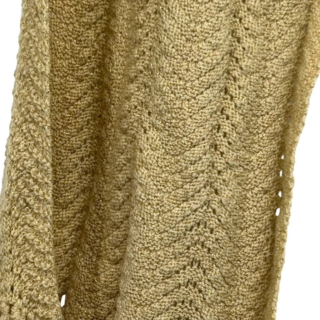 Vintage Hand Knit Metallic Gold Fringe Shawl Wrap 1960s Boho Evening Scarf - Image 3