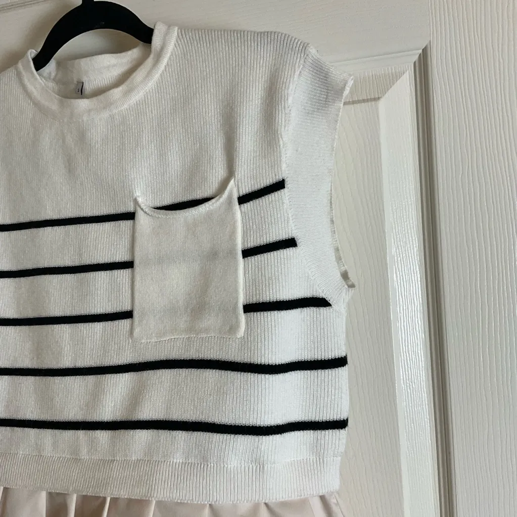 Womens Dresses Striped Knit Top Pleated Loose Swing Mini Short Sleeve Dress S White - Image 6