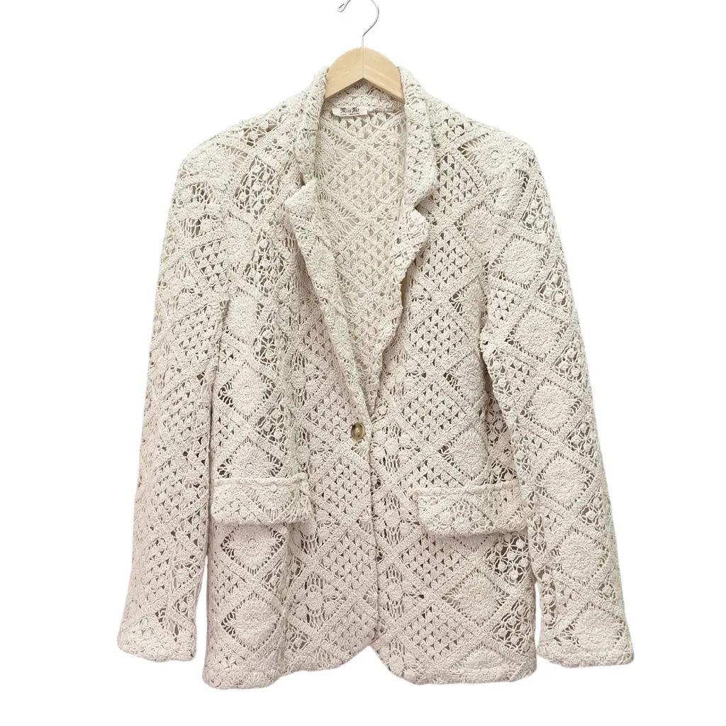 Miss Me Crochet Lace Blazer Jacket Cream Cotton Semi Sheer Size XL Coastal Boho - Image 2