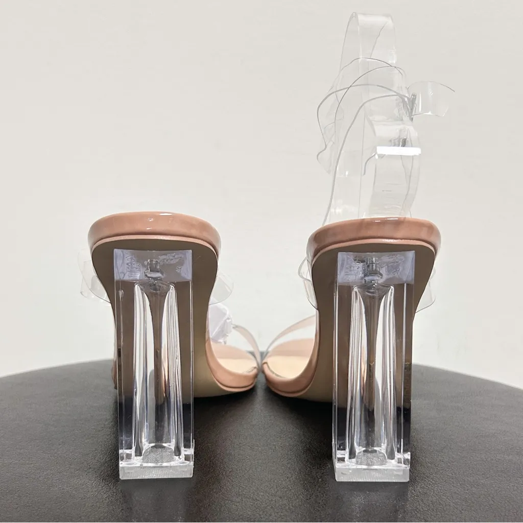 Shein Nude Beige Clear Chunky Block Heels Ankle Strap Buckle Open Toe 40 9 NIB - Image 9