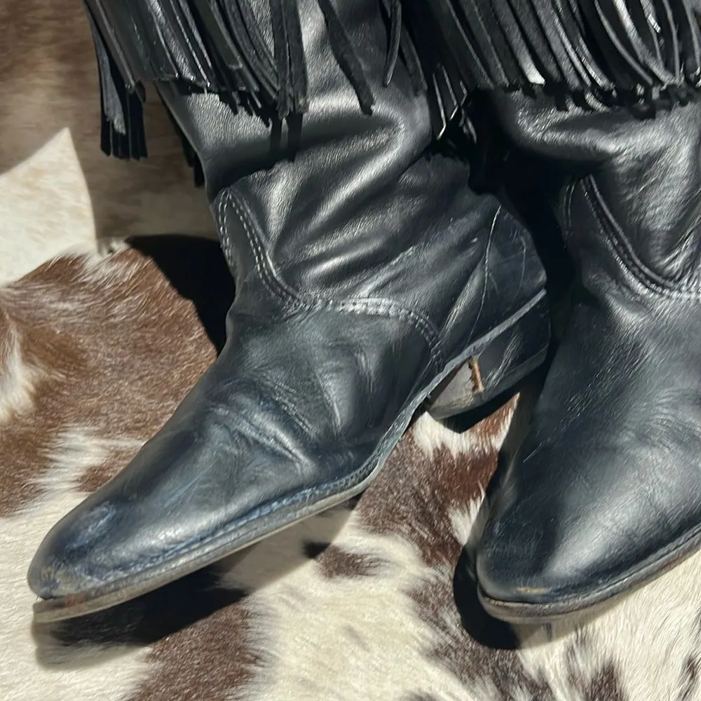 Vintage Black Real Leather Fringe Cowboy Boots Festival Rave Burning Man A21 Size 7 - Image 3