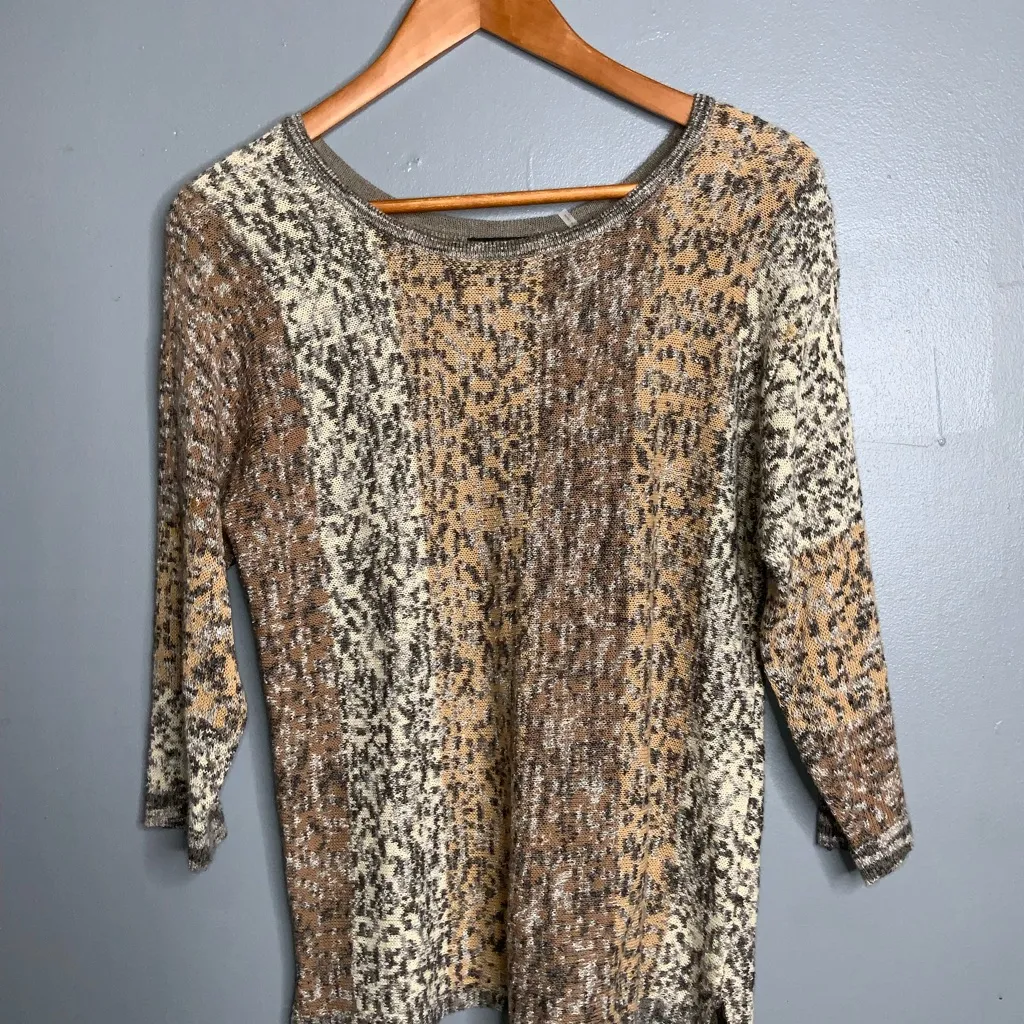 NIC+ZOE Brown and Cream Knit Round Neck 3/4 Sleeve Lightweight Sweater Medium - Image 2