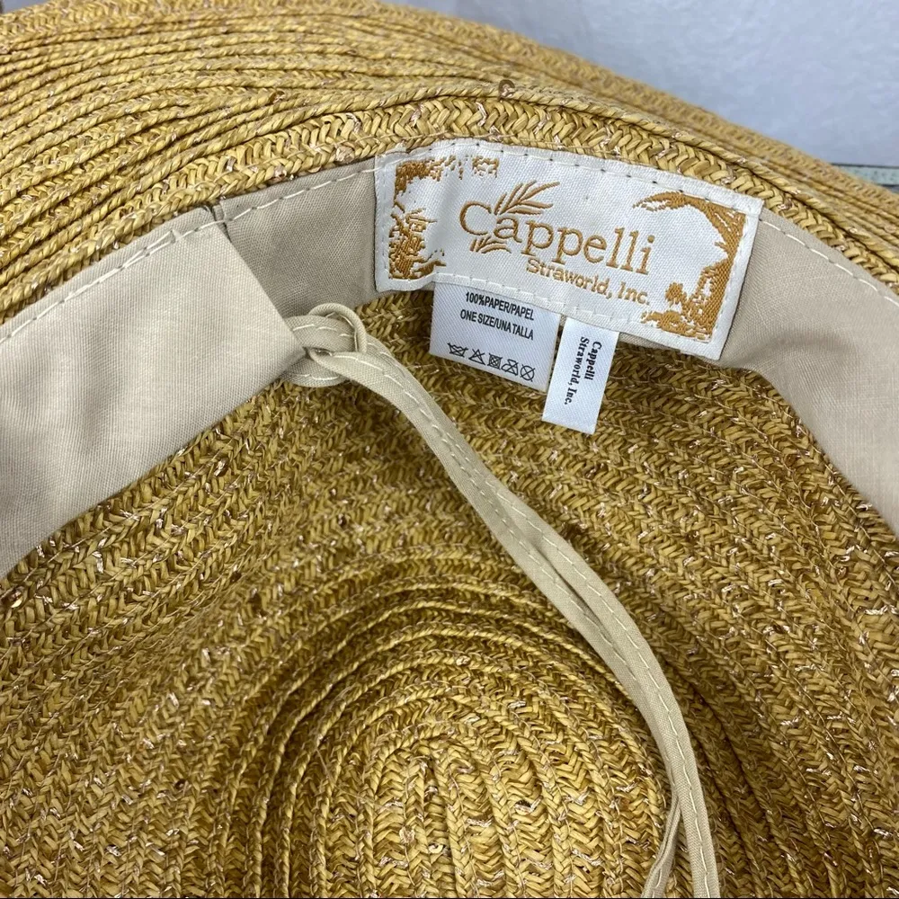 Cappelli Tan & Gold Woven Summer Wide Brim Straw Hat OS - Image 4