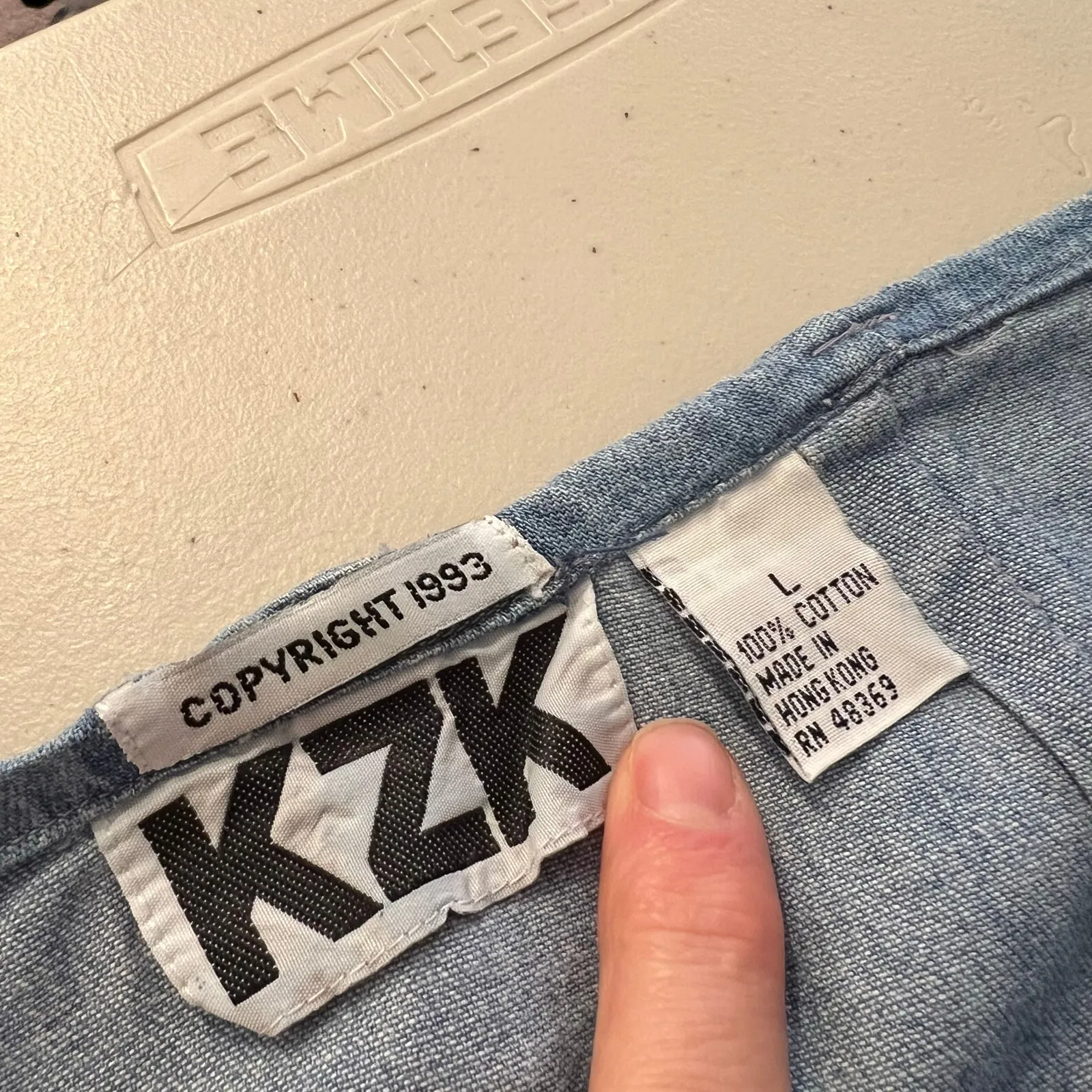 KZK 1993 Vintage Denim Cotton Leather Weaved Trim Wrap Maxi Skirt Size Large Blue - Image 4