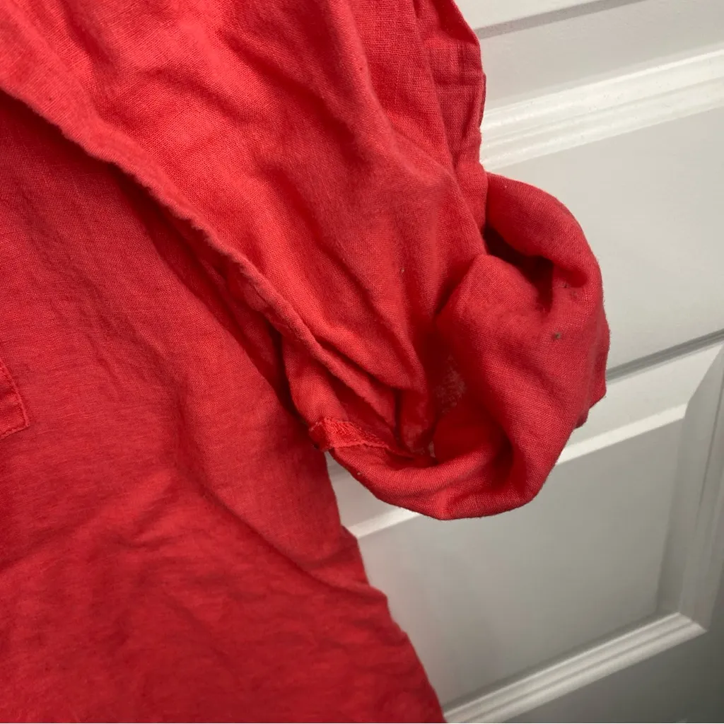 Old Navy Linen Blouse Minimalist Quarter Button Cuffed Sleeve XL Rebellion Red - Image 3