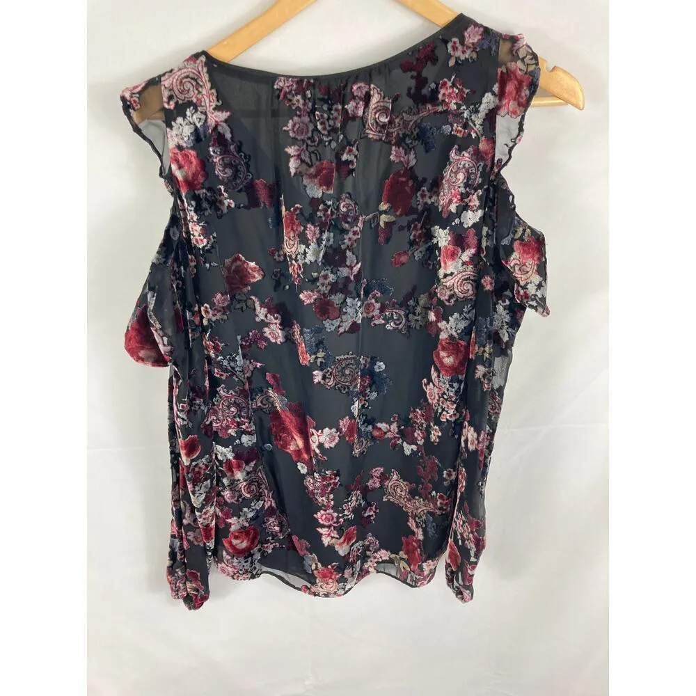 WHBM Floral Print Velvet Cold Shoulder Ruffle Blouse Size 0 - Image 5