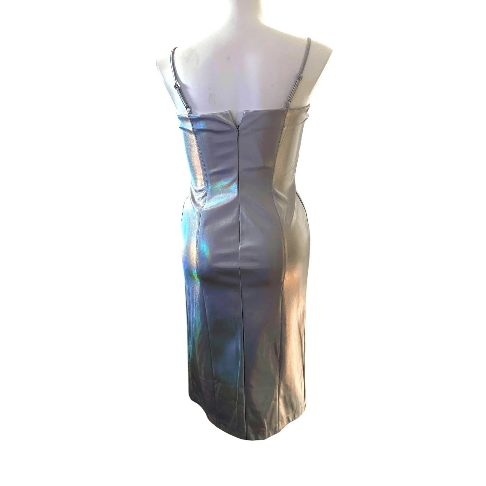 Steve Madden Dress Women Silver Metallic Bodycon Side Slit Halter Iridescent - Image 3