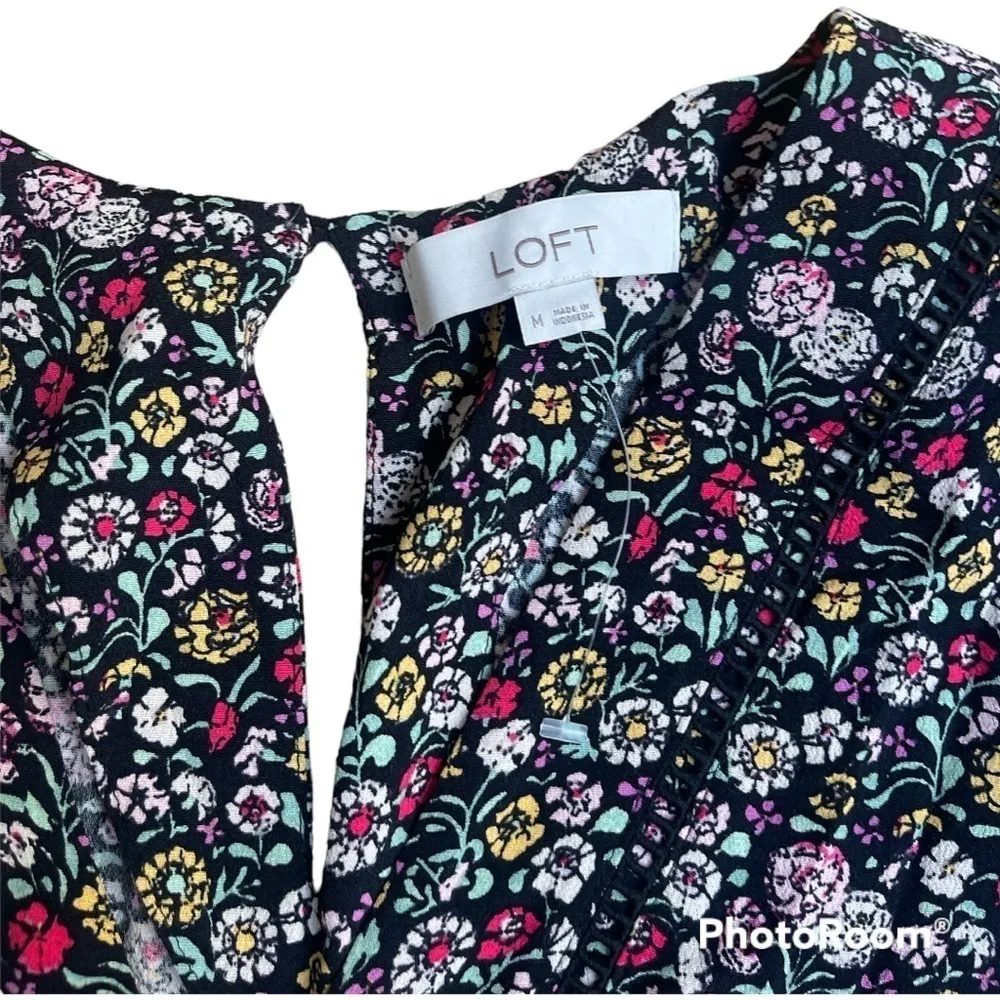 LOFT Floral Long Sleeve Wrap Romper Black Multicolor Size M - Image 3