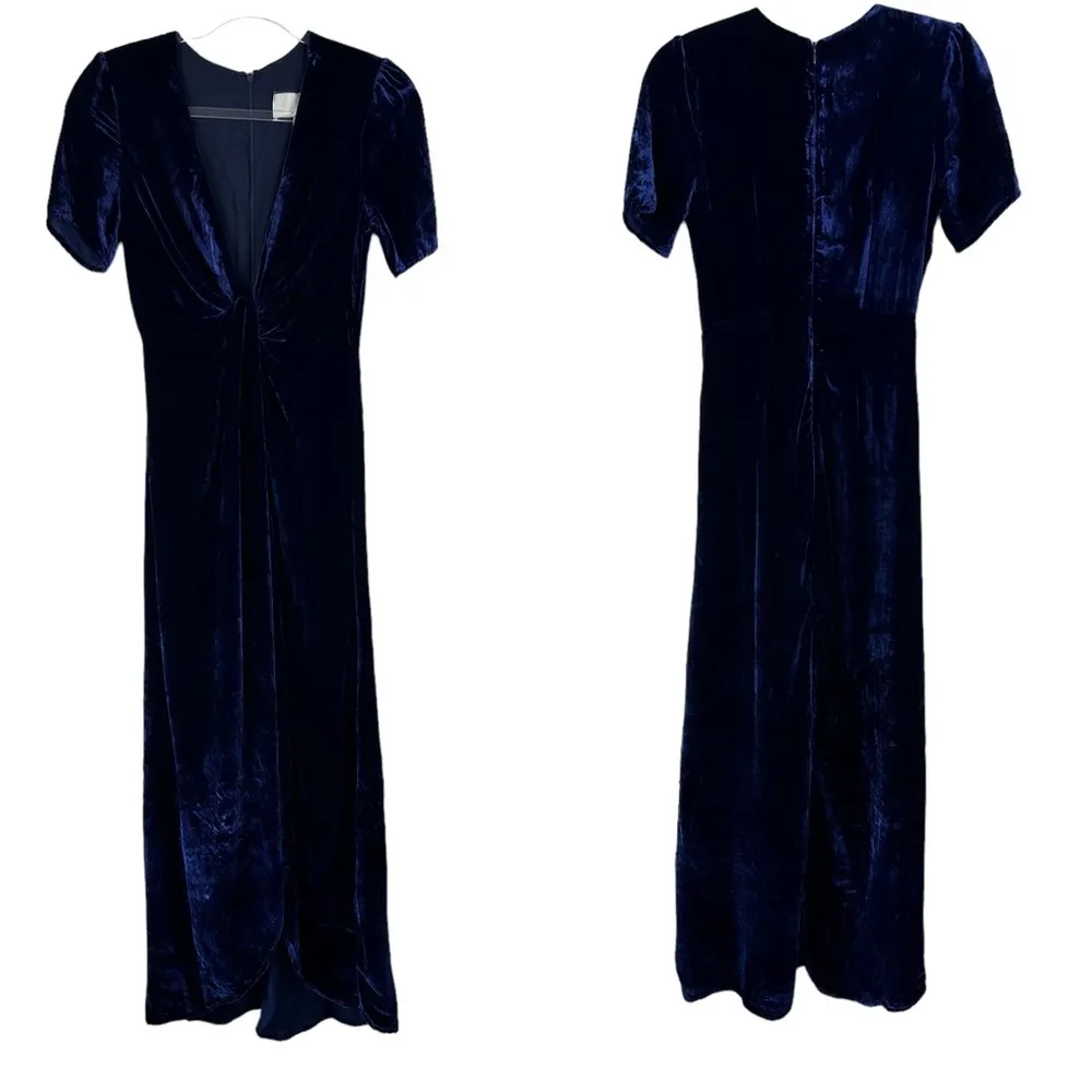 J.O.A.‎ Sz XS Women's Blue Deep Vneck Velvet Front Slit Hi Low Maxi Dress - Image 3