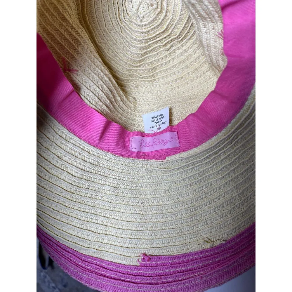 Lilly Pulitzer Straw Sun Hat Wide‎ Brim Pink Trim Floppy Beach Scarf Band #33499 - Image 7