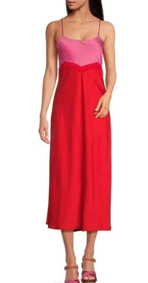 Gianni Bini DANNIJO Helena Satin Maxi Slip Dress Colorblock Pink Red US 12 NWT - Image 3