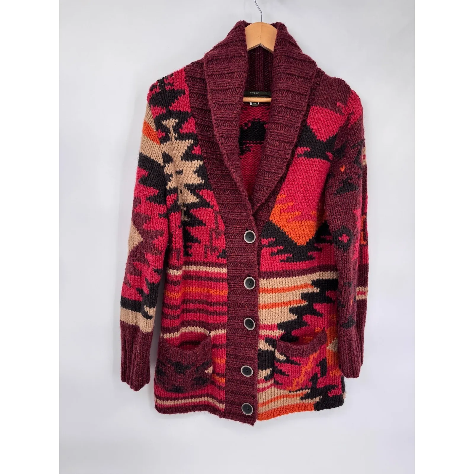 Vintage Eddie Bauer Hand Knit Sweater Womens S Red Southwest Desert Wool Alpaca - Image 2