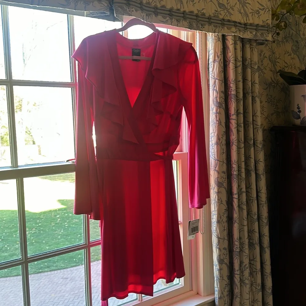 Taylor nwt fuschia dress belted faux wrap ruffle top bell sleeve size 10 Pink - Image 7