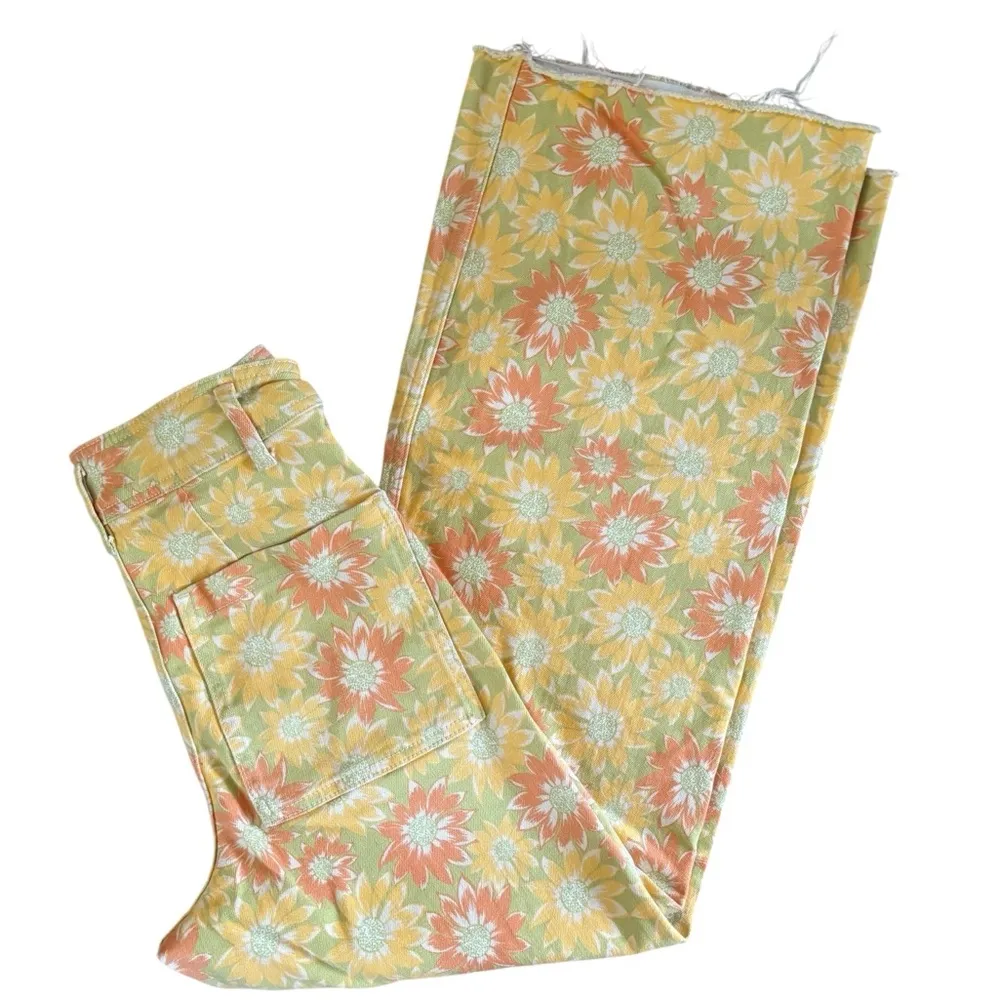 Zara Marine Straight High Waisted Yellow Sun Flower Denim Jean Sz 4 Ragged Hem - Image 2