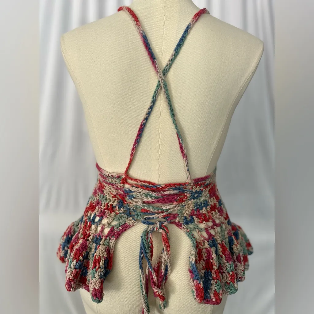 Handmade Crochet Halter Top Boho Cutout Peplum Multicolor (1071) - Image 3