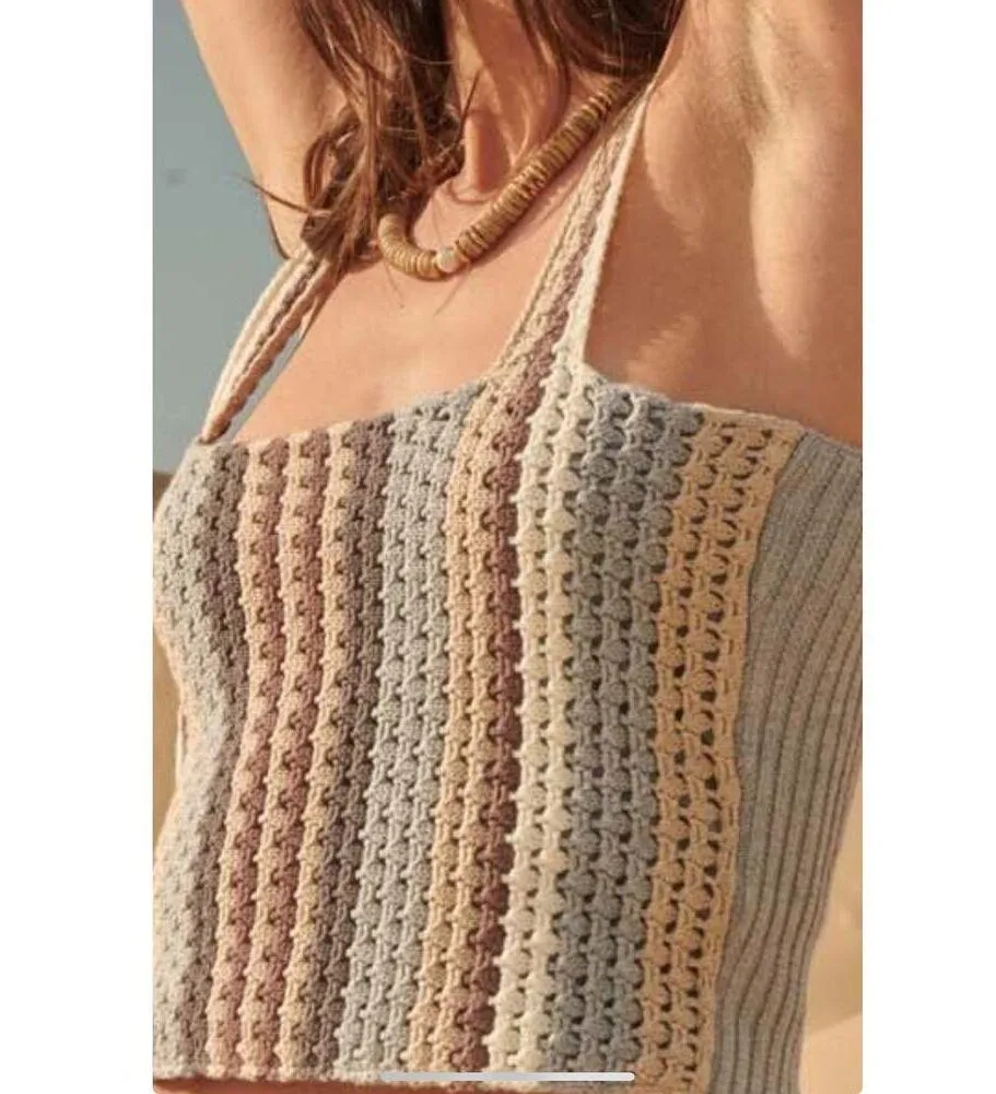 Crochet Knit Two-Piece Set With Striped Crop Top & Shorts Boho Style Beachwear F - Image 2