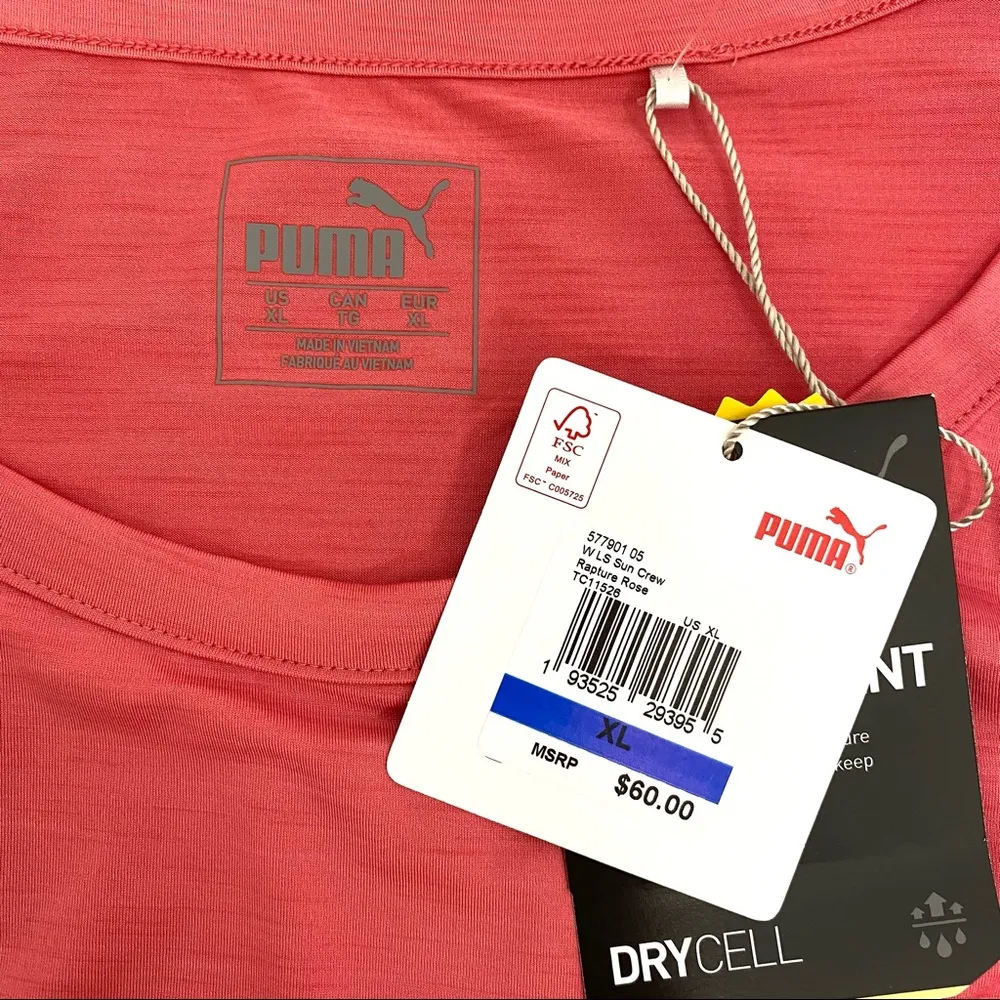 Puma NWT  Drycell Long-Sleeve Tee Crew Neck Top UPF30 Pink Size XL - Image 6