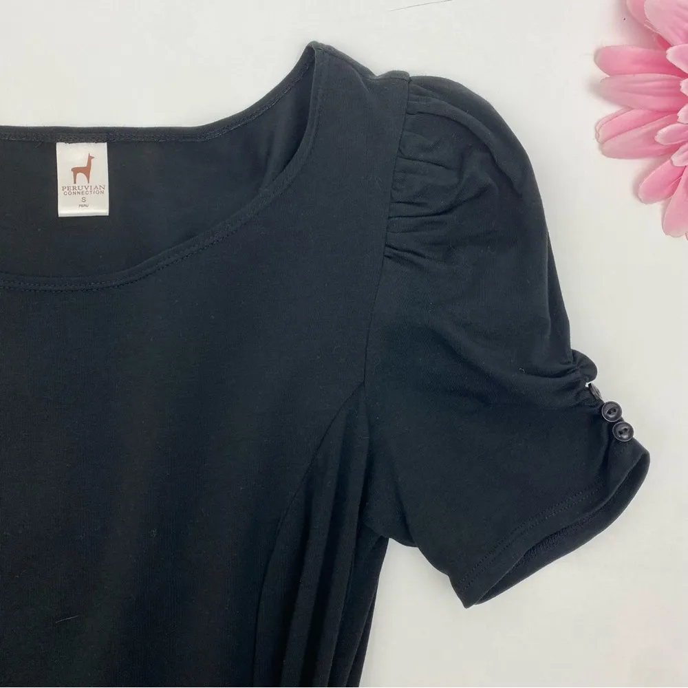 Peruvian Connection Sarong Tie Waist Puff Sleeve T-Shirt Dress Pima Cotton Black - Image 6