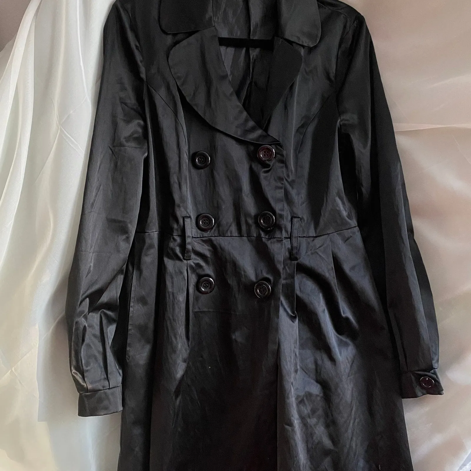 Moon Collection Double Breasted Black Trench Coat A Line Jacket Large Twee Femme - Image 2