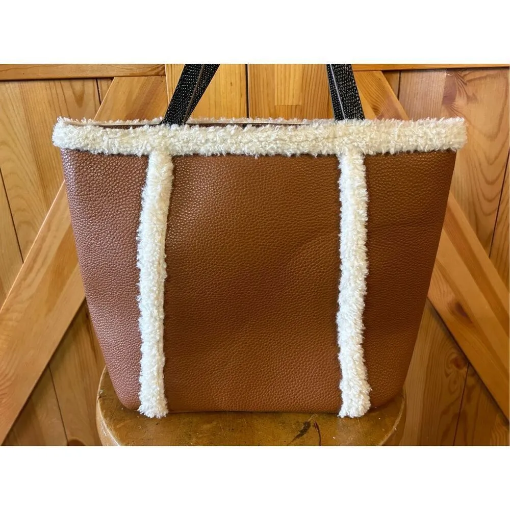 ANNE Klein Women Camel color Faux leather Faux Shearing Small Totes Bag handbag - Image 4