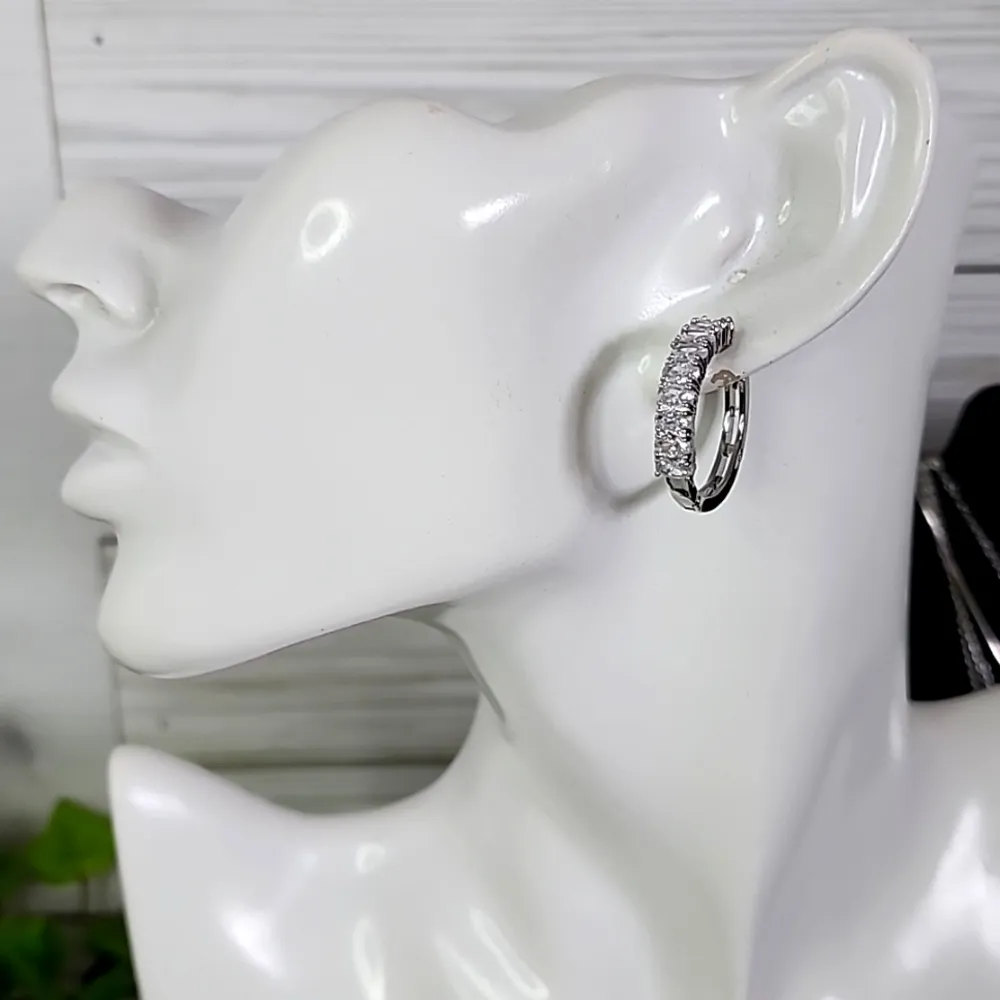 Silver with Crystal Stones Large Huggie Hoop Earrings New - Image 6