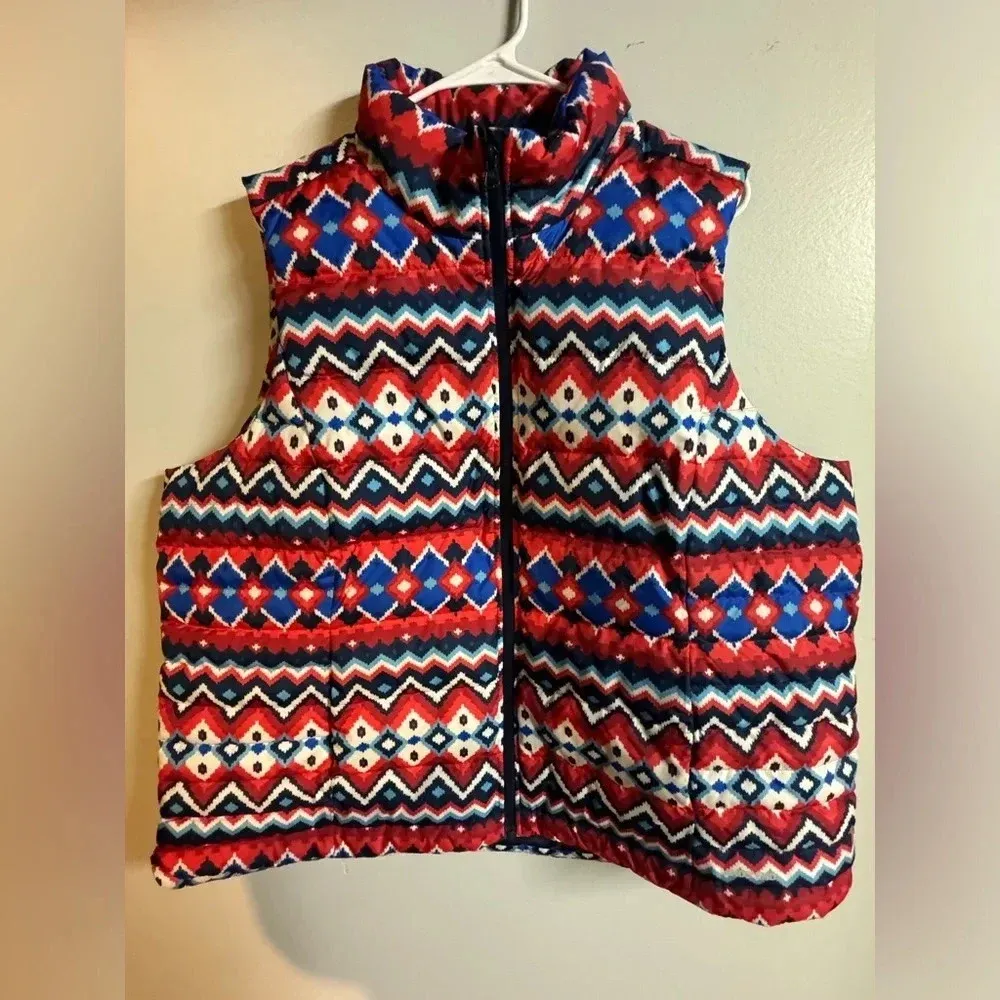 Land’s End women’s down puffer vest 1X 16 18 blue red white ivory chevron winter - Image 2
