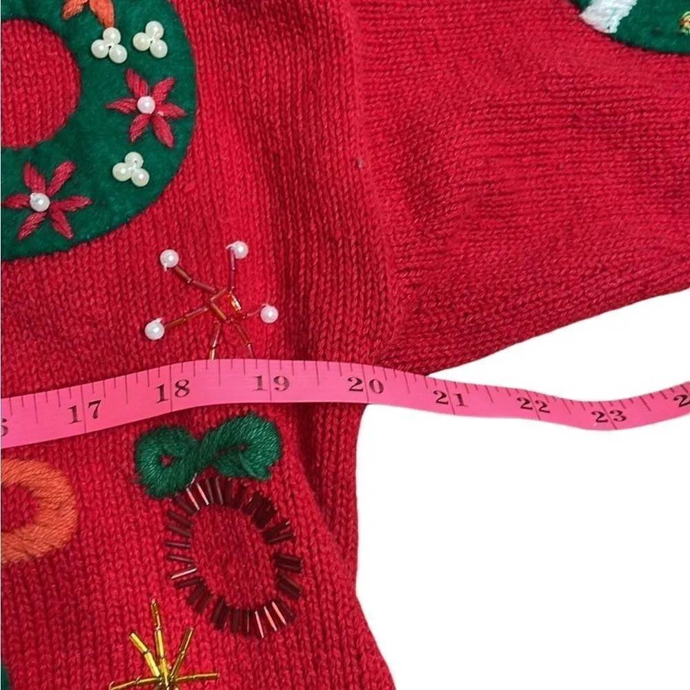 Vintage Segue Knit Christmas Beaded Cardigan Red large Wreath Appliqué Design Red - Image 5