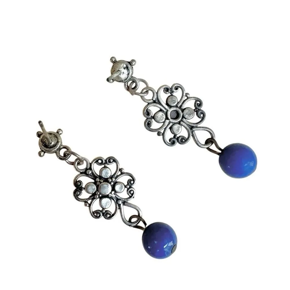 Vintage Sterling Silver Filigree Earrings with Cobalt Blue Beads - Image 3