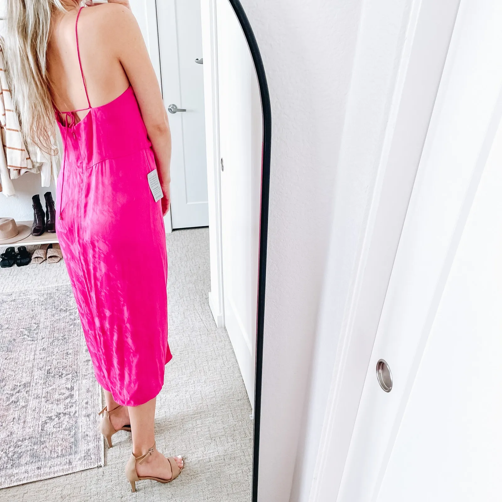 REBECCA VALLANCE Bright Pink Satin Ruched Midi Dress Size 10 - Image 4