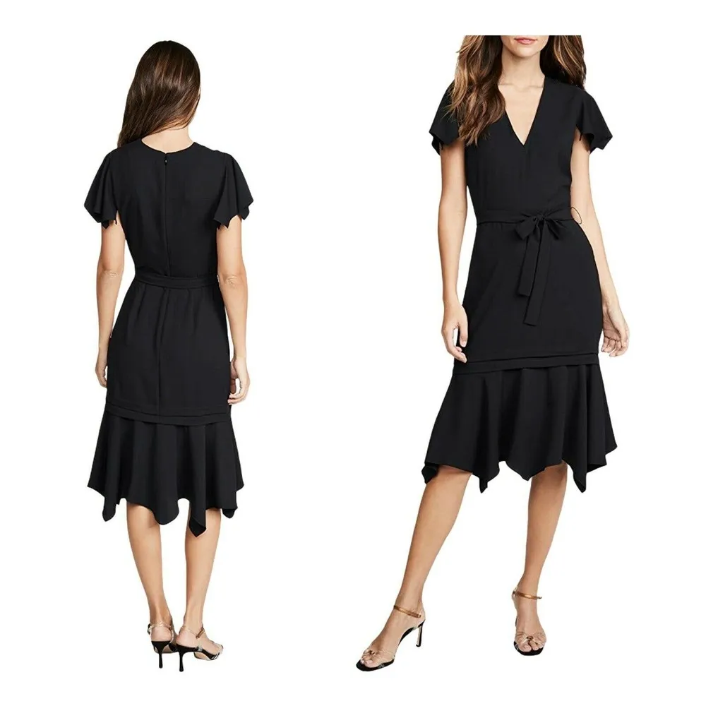 AMANDA UPRICHARD Graciela Midi Dress Black Belt Cap Ruffle Sleeves NWT Large - Image 9