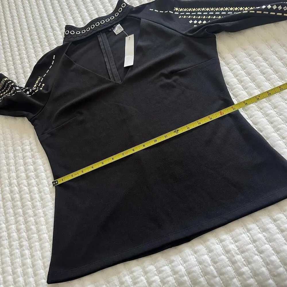 Venus Silver Tone Studded Long Sleeve Cut Out Chest Shirt Top Sz L Large NWT - Image 5