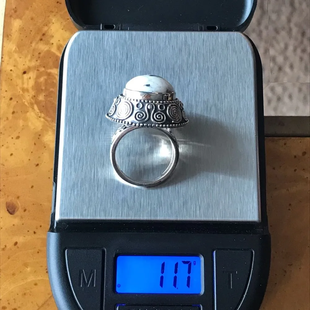 Genuine White Buffalo Turquoise Sterling Silver Cocktail Ring Size 7 - Image 3