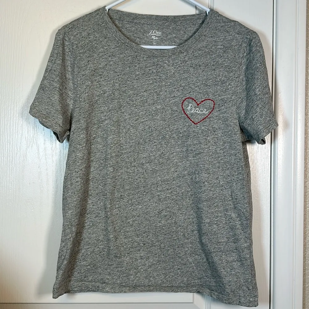Women's J Crew Gray Peace Heart Embroidered Crew Neck Pullover Shirt Size Large - Image 2