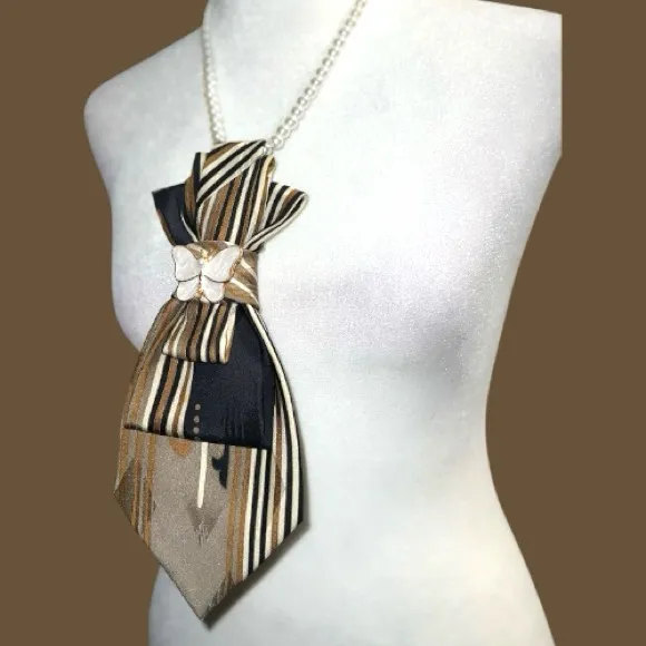 “Dainty Dapper”Striped Necktie Necklace with Butterfly Pendant Black - Image 4