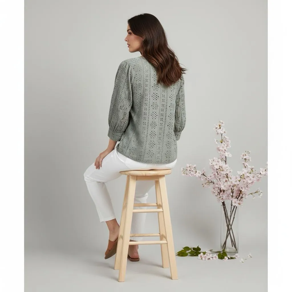 Piazza Del Tempio Cotton Eyelet Crochet Top Olive Green Size Large Italy - Image 3