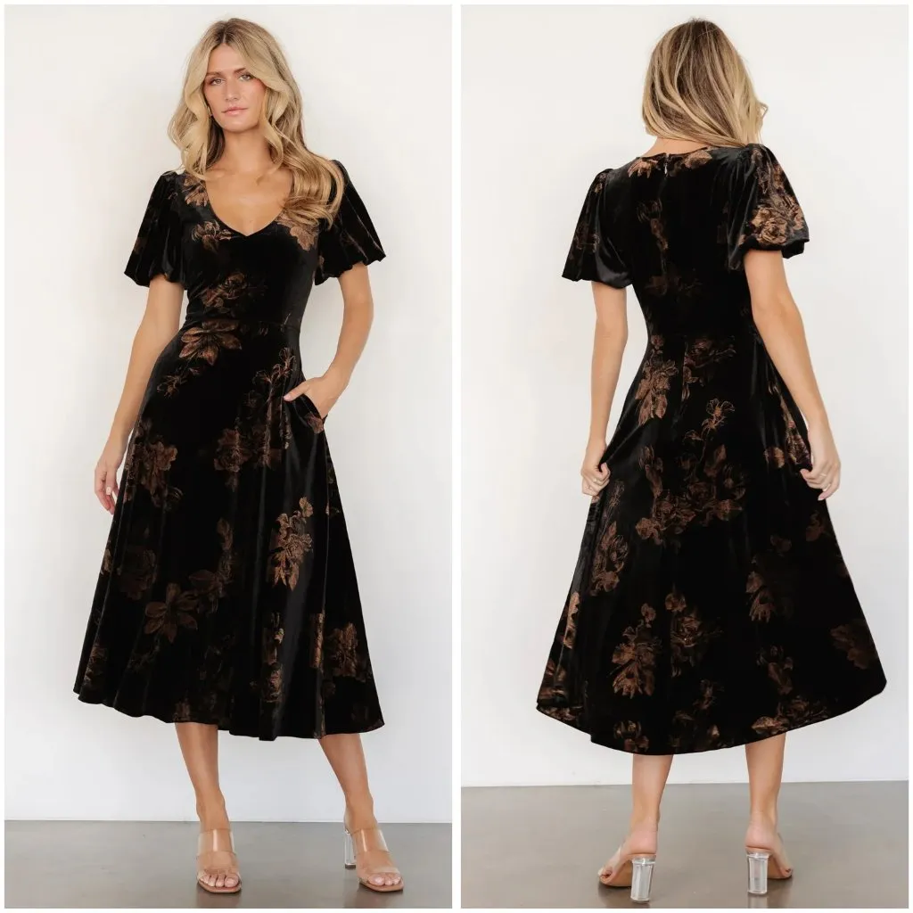 Baltic Born Janna Velvet Midi Dress in Black Bronze Floral Size M NWOT - Image 3